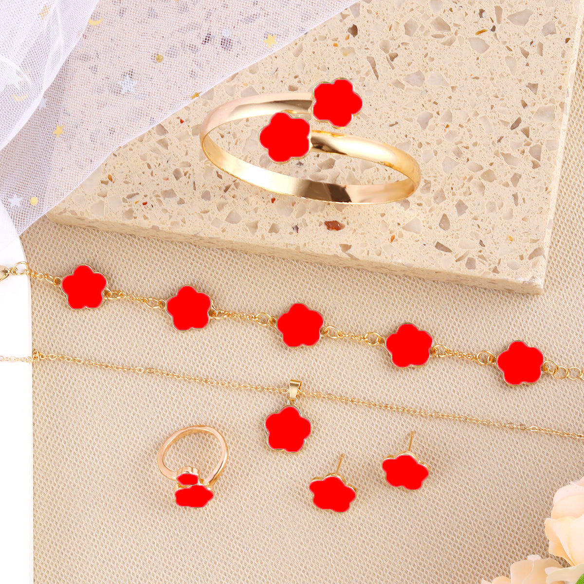 Wholesale Five Leaf Flower Earrings Necklace Bracelet Bracelet Ring Set ACC-NE-ErJJ003