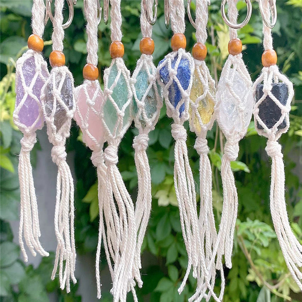 Wholesale Crystal Raw Stone Woven Mesh Pocket Keychain Natural Stone ACC-KC-Nius001