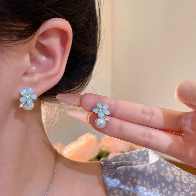 Wholesale  Pearl Light Blue Flower Earrings