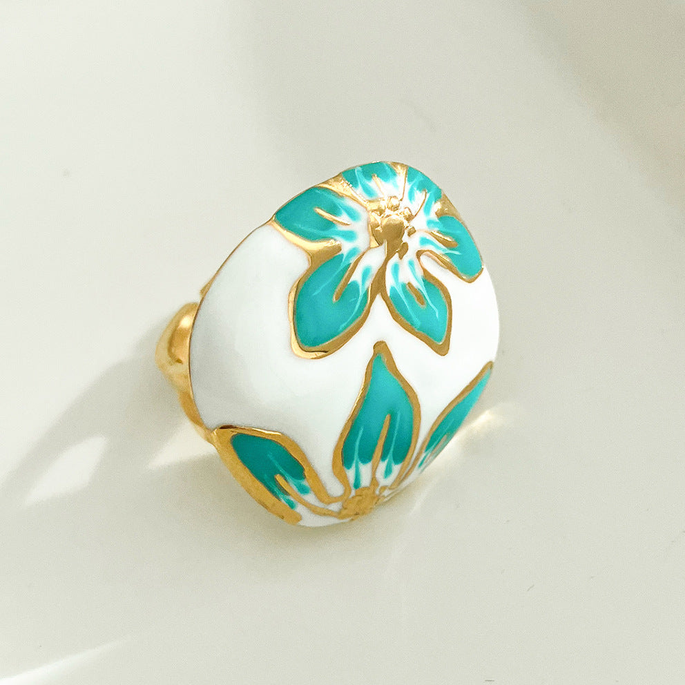 Wholesale stainless steel real gold plating personality geometric color drop flower ring