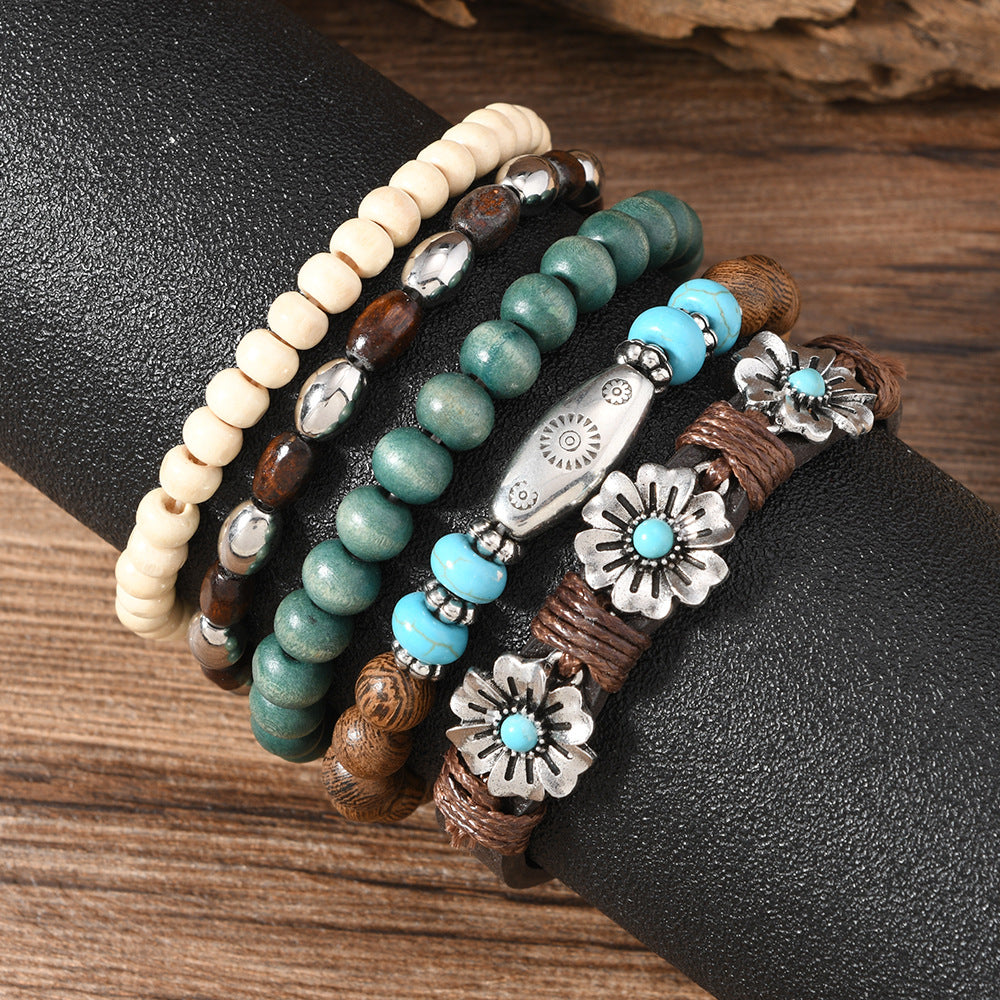 Wholesale Bohemian Wood Bead Bracelet Set Of 5 Multilayer Flower Turquoise Fashion Accessory Gift