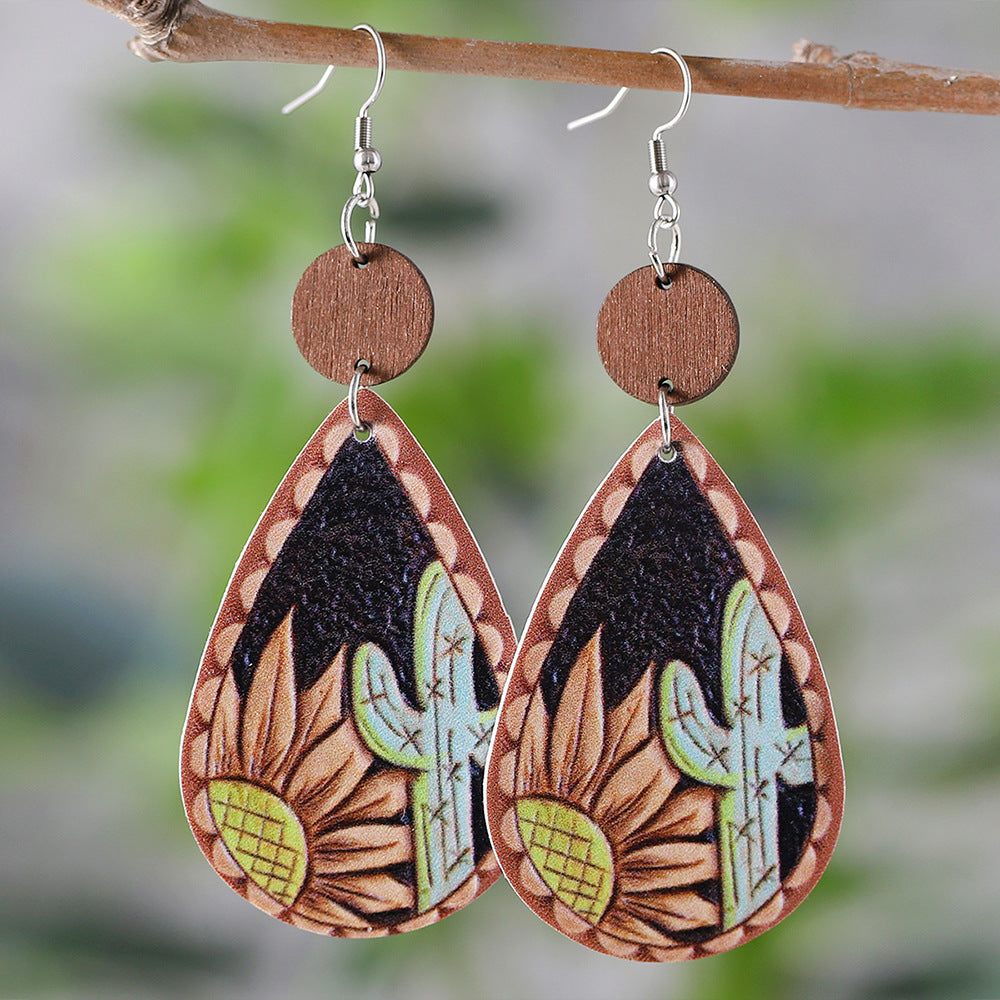 Wholesale Sunflower Cactus Water Drop Wood Leather Double Sided Earrings ACC-ES-ChuLian110