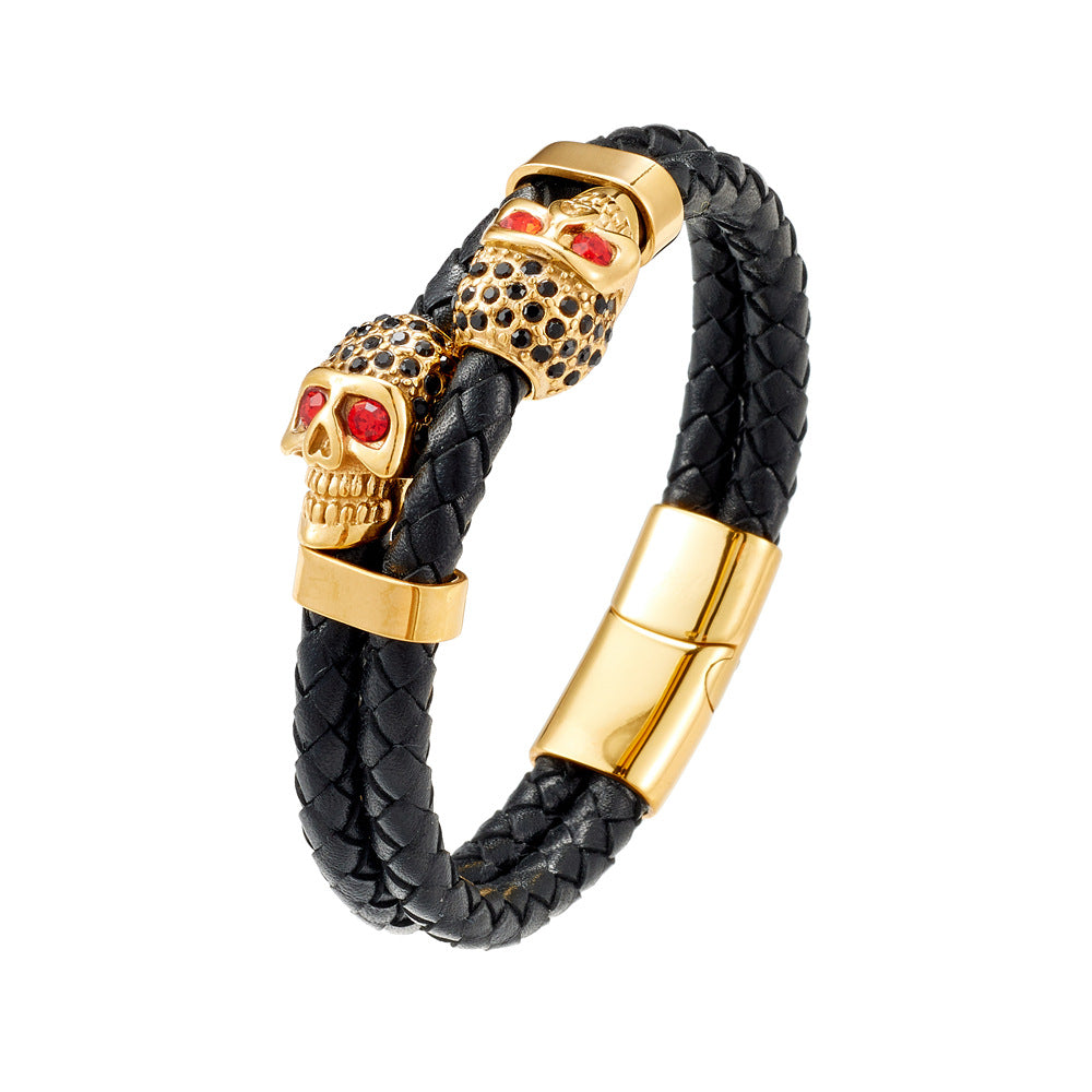 Wholesale First Layer Cowhide Woven Genuine Leather Bracelet Men's Leather Stainless Steel Bracelet ACC-BT-Qiaoa004