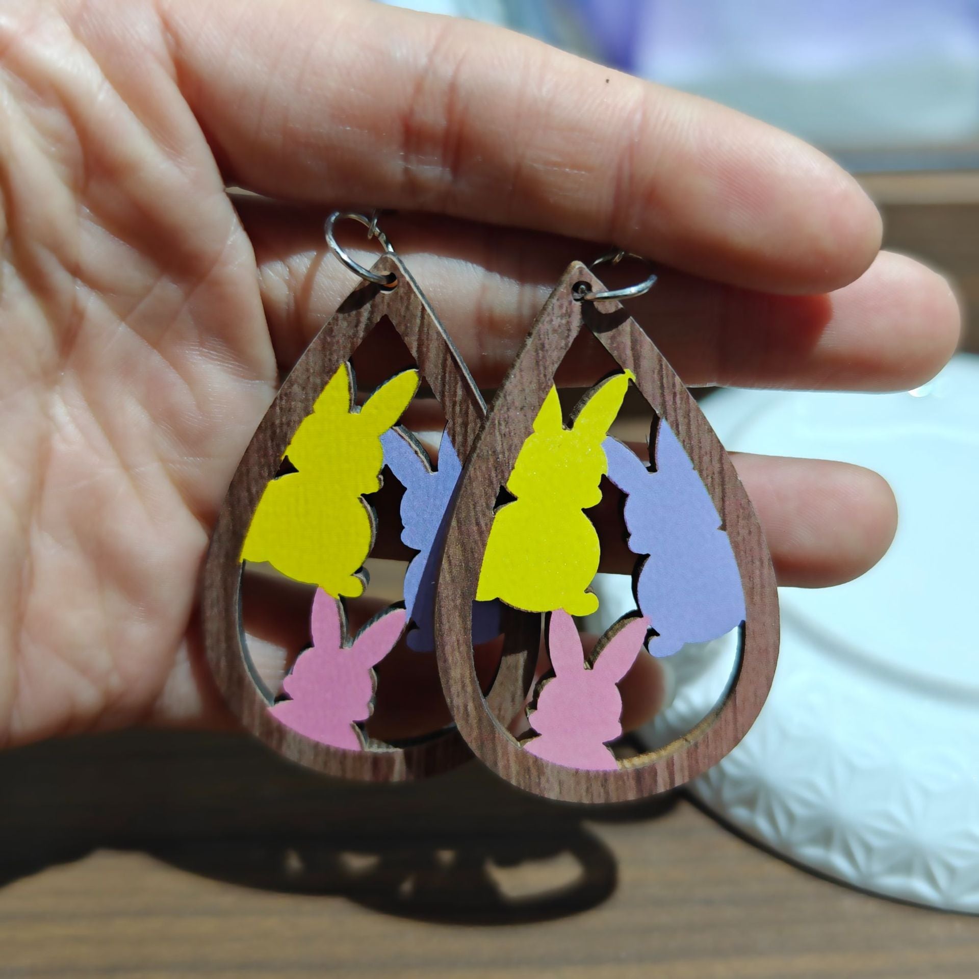 Wholesale Easter Wood Printed Colorful Earrings