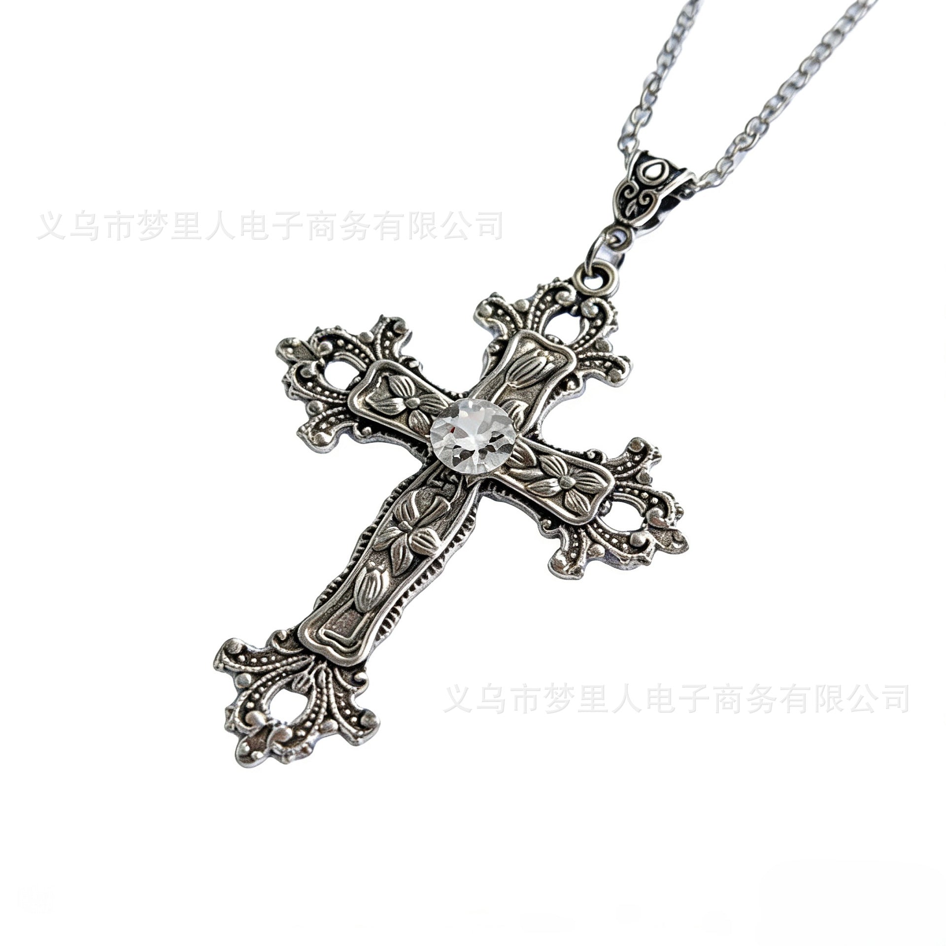Wholesale Trendy Flower Pattern Cross Pendant Necklace Electroplated Alloy Jewelry Accessory