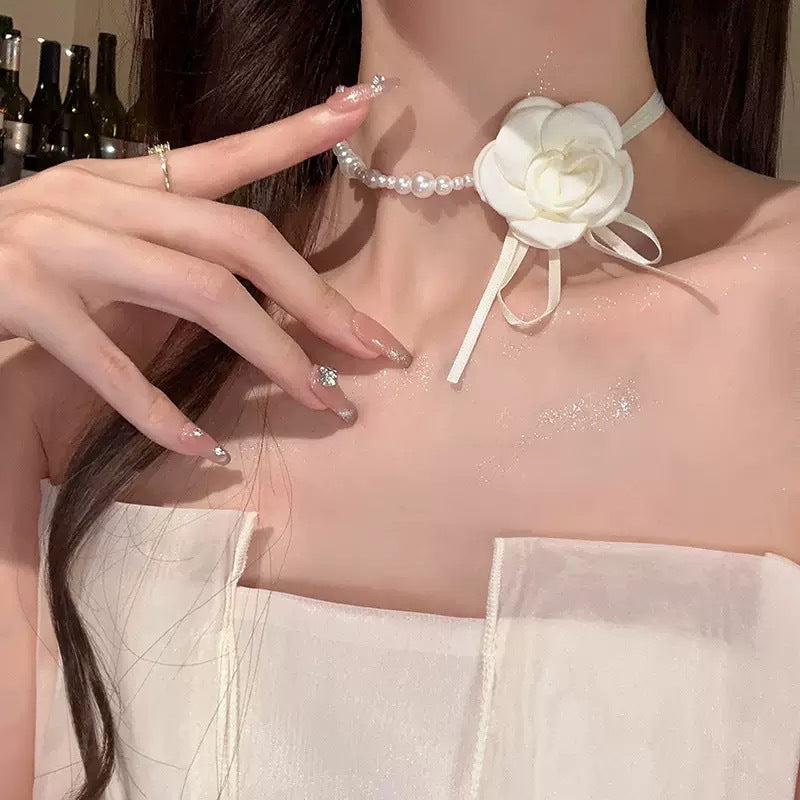 Wholesale Handmade Fabric Flower Choker Necklace With Wax Rope Trendy Jewelry Accessory For Women Gift