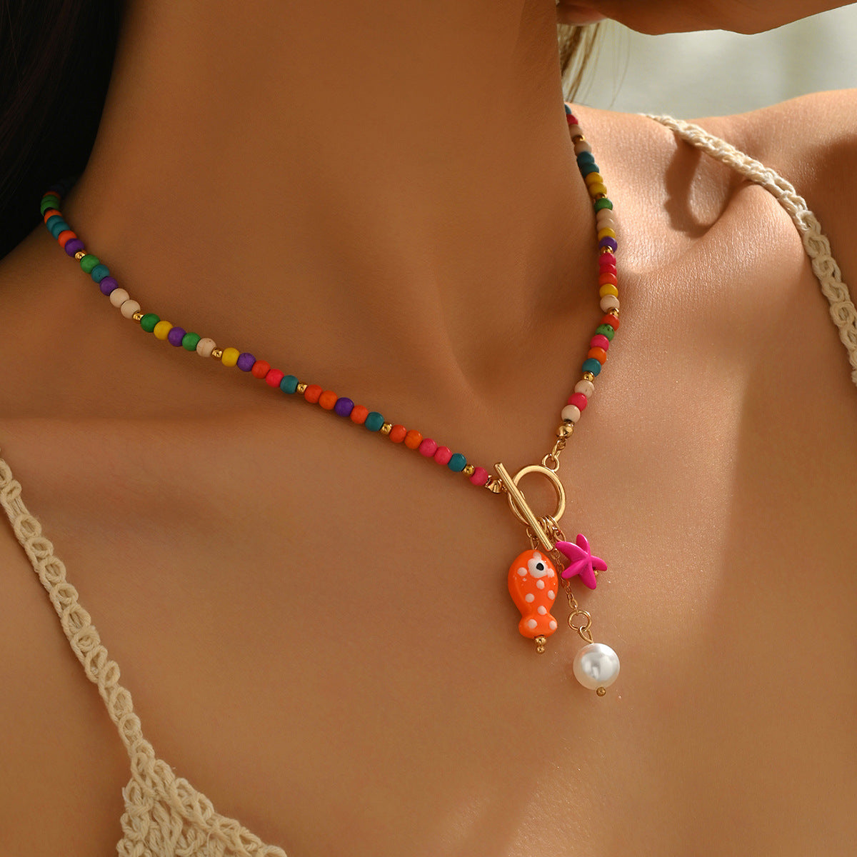 Wholesale Bohemian Blue Fish And Starfish Faux Pearl Beaded Necklace Trendy Party Jewelry Accessory Gift