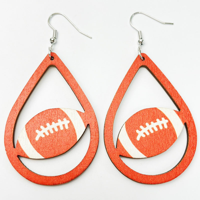 Wholesale 2pairs/pack Football Teardrop Shaped Cheerleading Sports Wooden Earrings ACC-ES-HY112