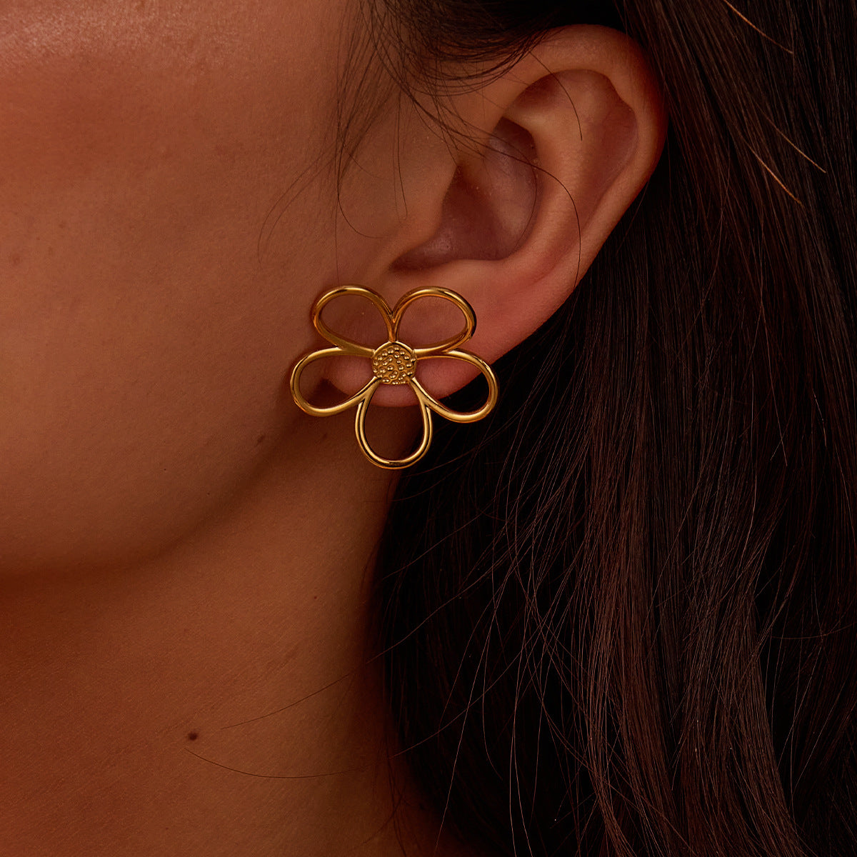 Wholesale  Gold and Silver Color Matching Hollow Flower Stainless Steel  Ring  Earrings