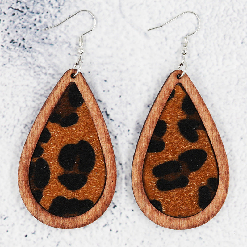 Wholesale  wooden earrings inlaid plush leather drop-shaped cow leopard print earrings