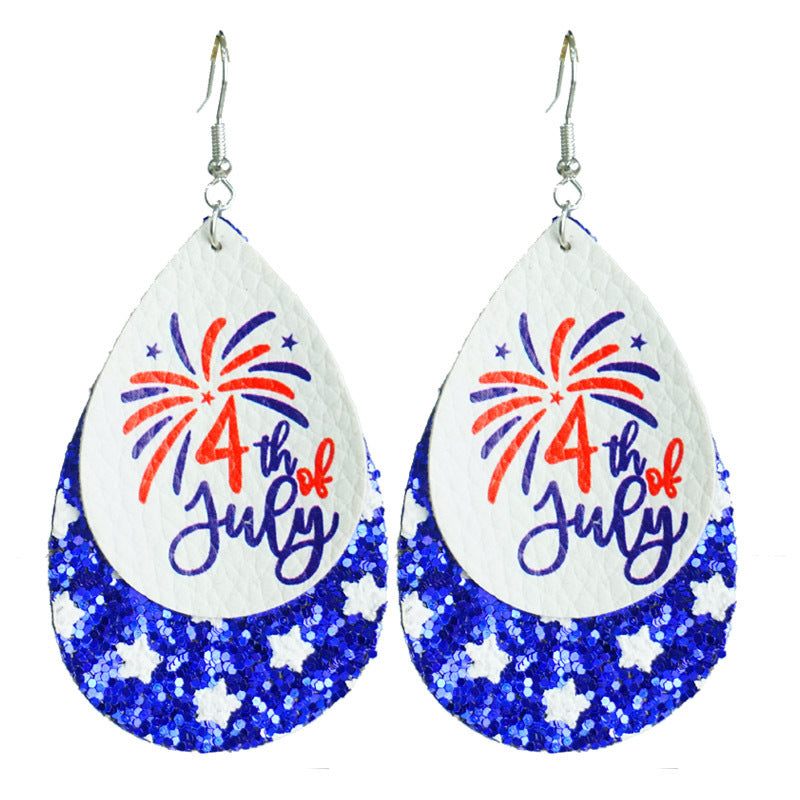 Wholesale 2 Pairs/pack American Independence Day Shiny Teardrop Shaped Leather Earrings ACC-ES-HY057