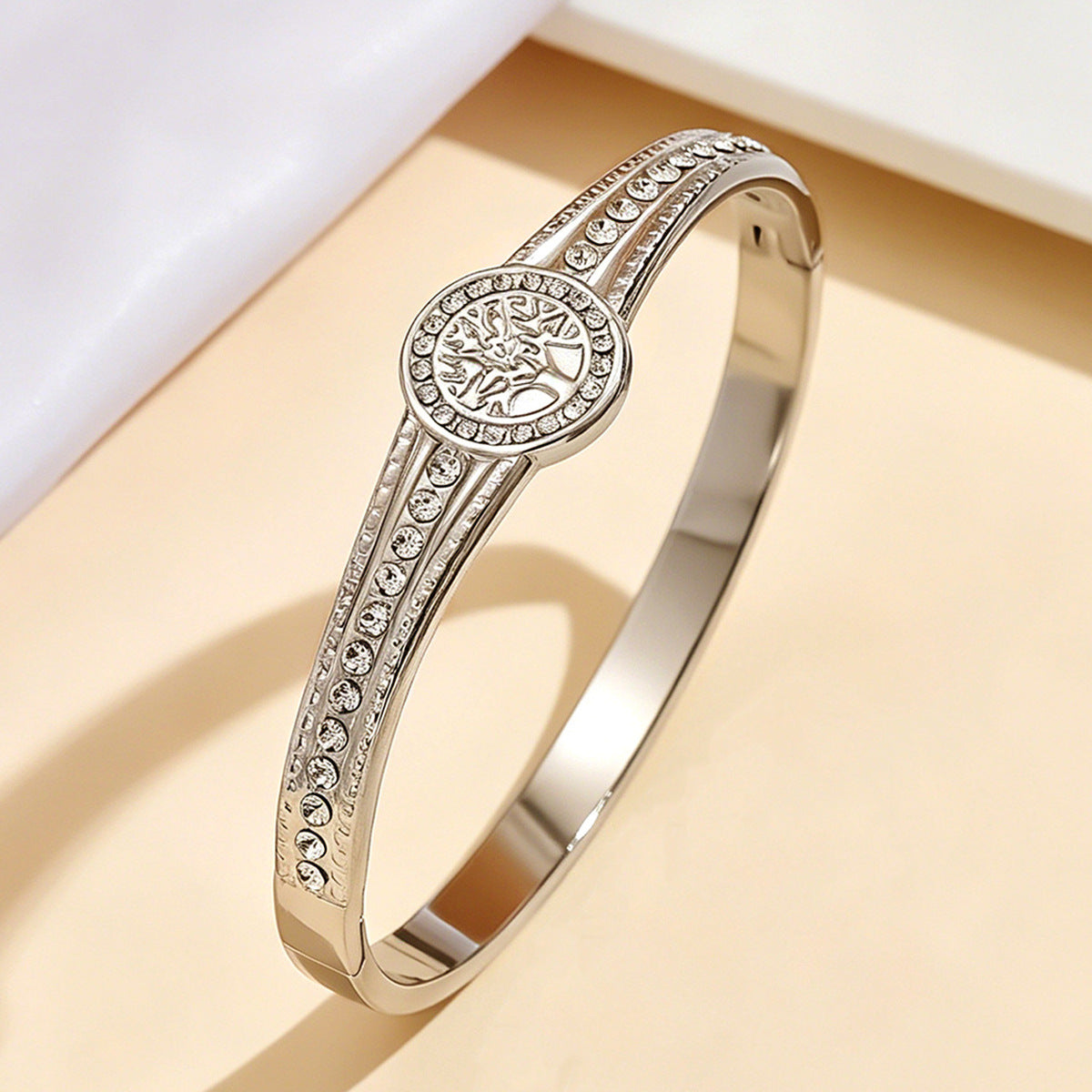 Wholesale 18K Gold Plated Stainless Steel Tree Of Life Cuff Bracelet With Zircon Jewelry Accessory For Resale