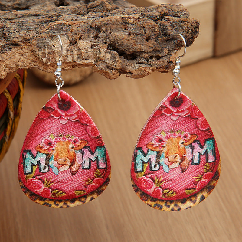 Wholesale Mother' s Day MOM Letter Teardrop Leather Rose Flower Leopard Print Earrings