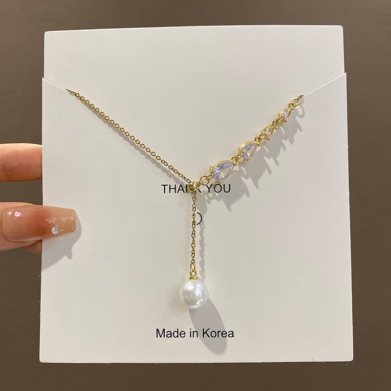 Wholesale Titanium Steel Collarbone Necklace with Zircon and Pearl Pendant