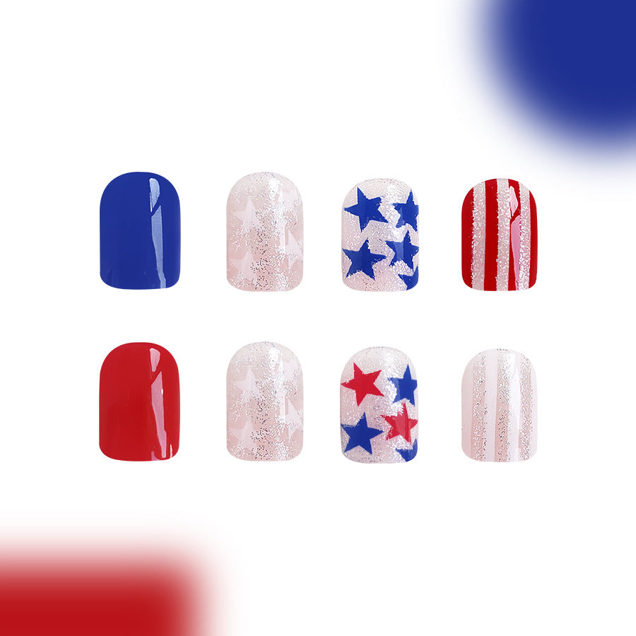 Wholesale 24 Pieces/box American Independence Day Short Glitter Five-pointed Star Manicure Press-on Nails Kits Nail Stickers ACC-NS-GuaiXL017
