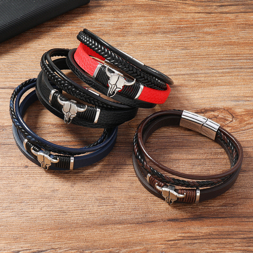 Wholesale Leather Western-style cowboy bull head multi-layered bracelet