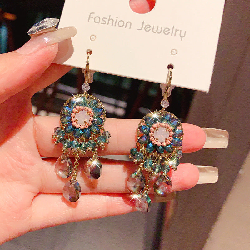 Wholesale  Light Luxury High-end Green Crystal Long Tassel Earrings