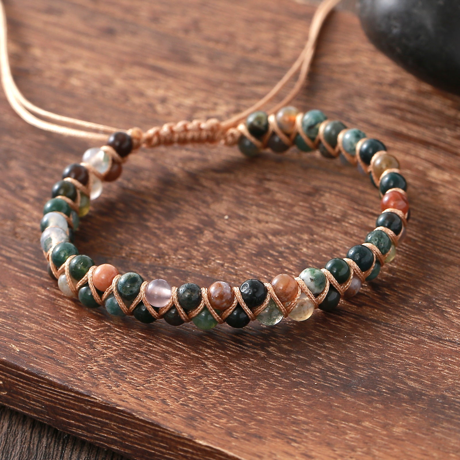Wholesale Bohemian Natural Stone Bracelet Double Layer Handmade Adjustable Sliding Fashion Accessory for Everyday Wear and Boutique Resale