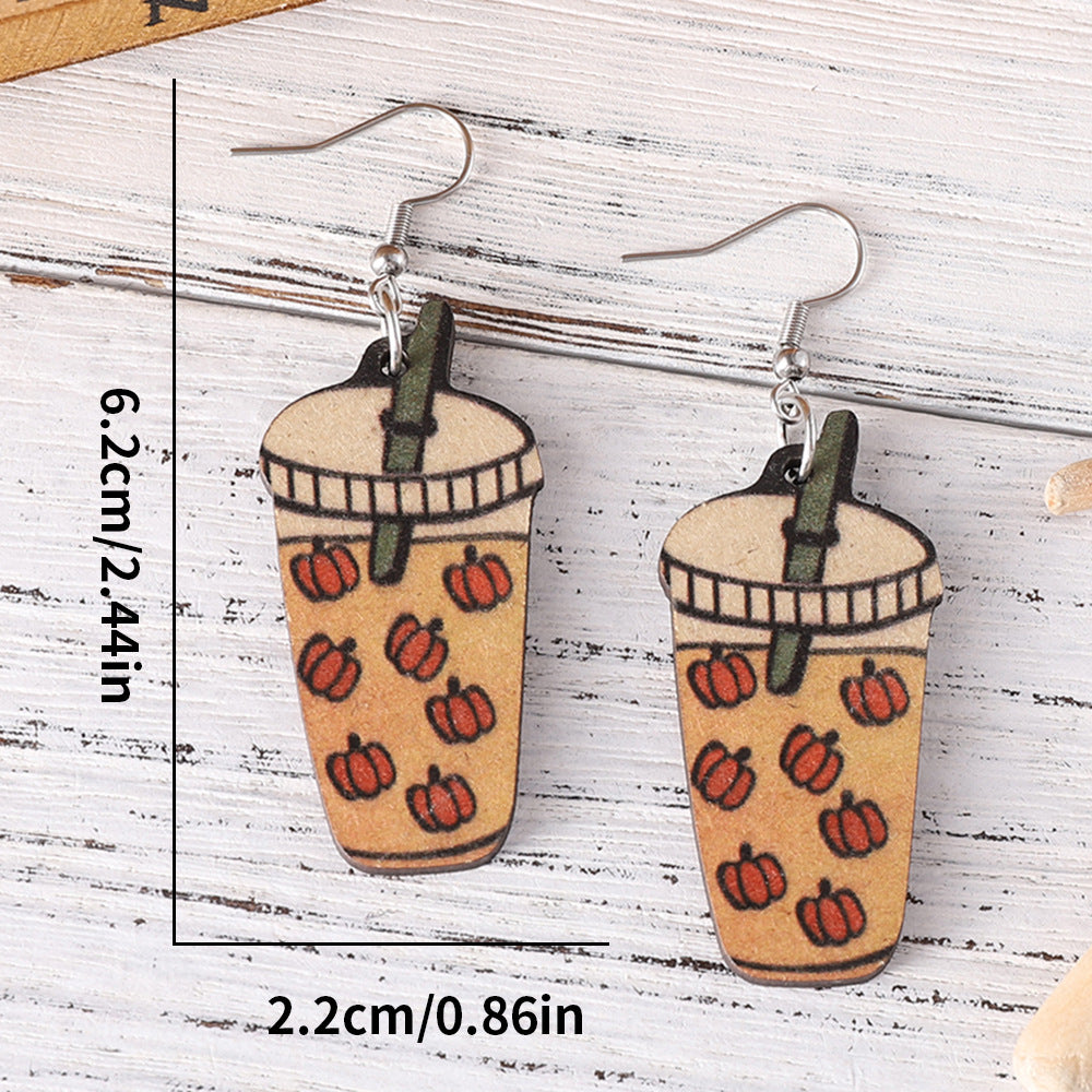 Wholesale Thanksgiving Pumpkin Cream Latte Coffee Cup Wood Earrings ACC-ES-ChuLian057