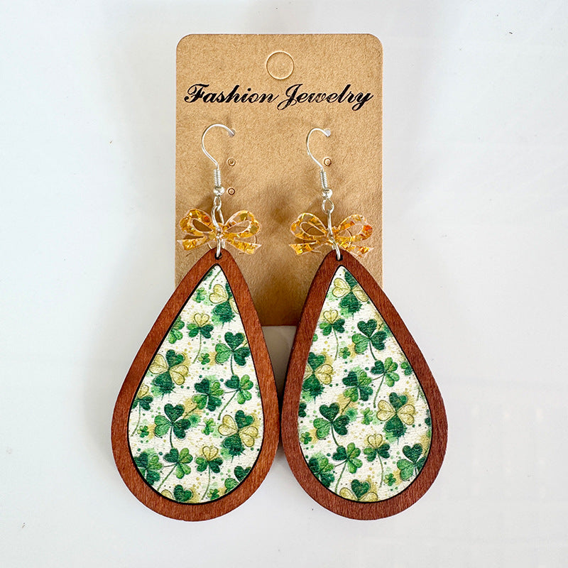 Wholesale Wooden St.  Patrick' s Day Bow Clover Earrings