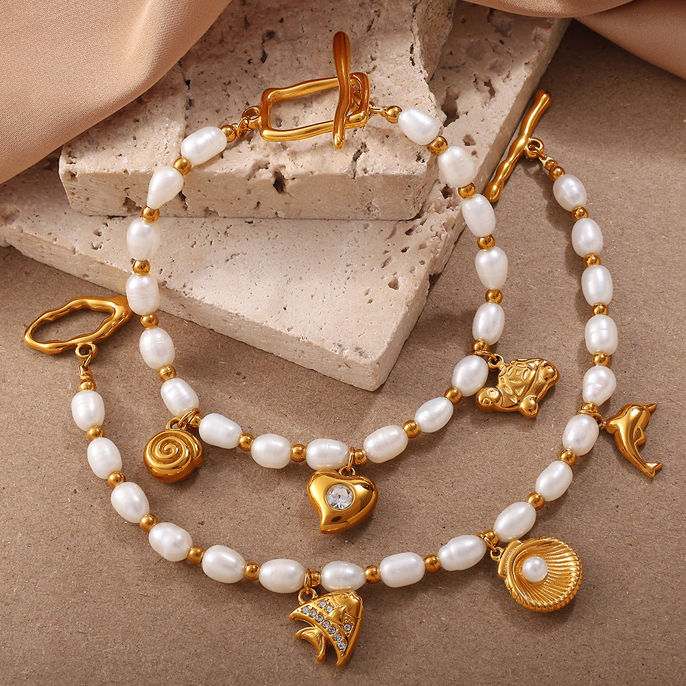 Wholesale  Fashion Creative Ocean Theme Freshwater Pearl DIY Dolphin Pendant Bracelet Plated with 18K Gold Niche Jewelry for Women