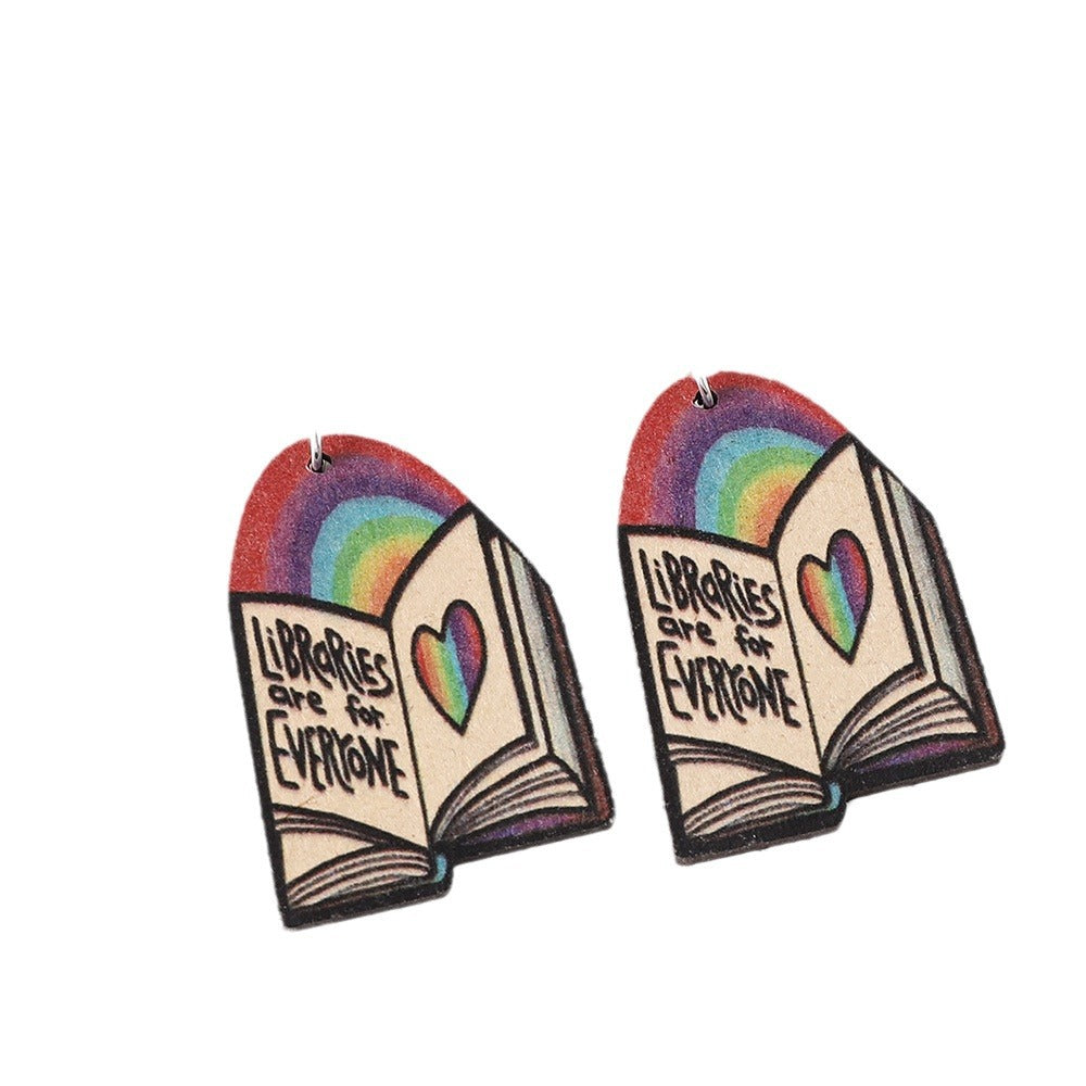 Wholesale School Season Graduation Season Rainbow Love Book Wood Double-sided Earrings ACC-ES-ChuLian049