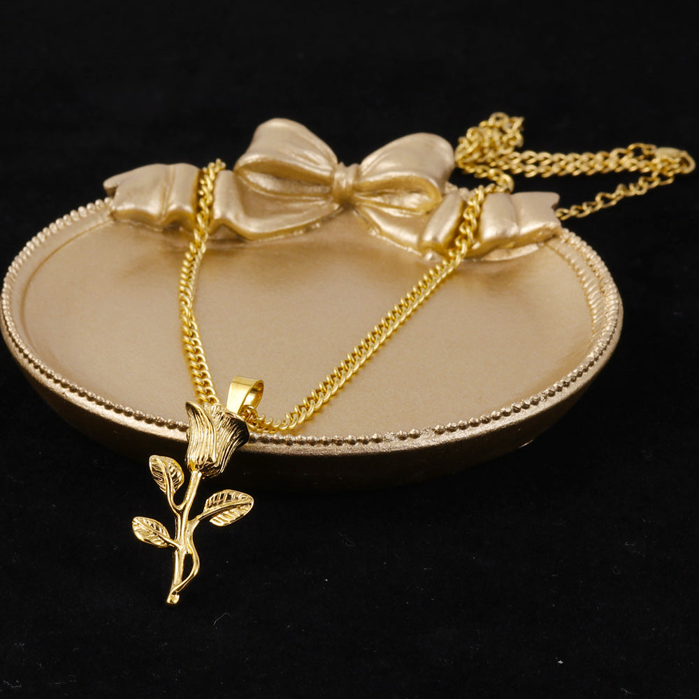 Wholesale  18k Gold Stainless Steel Stereo Rose Pendant Necklace