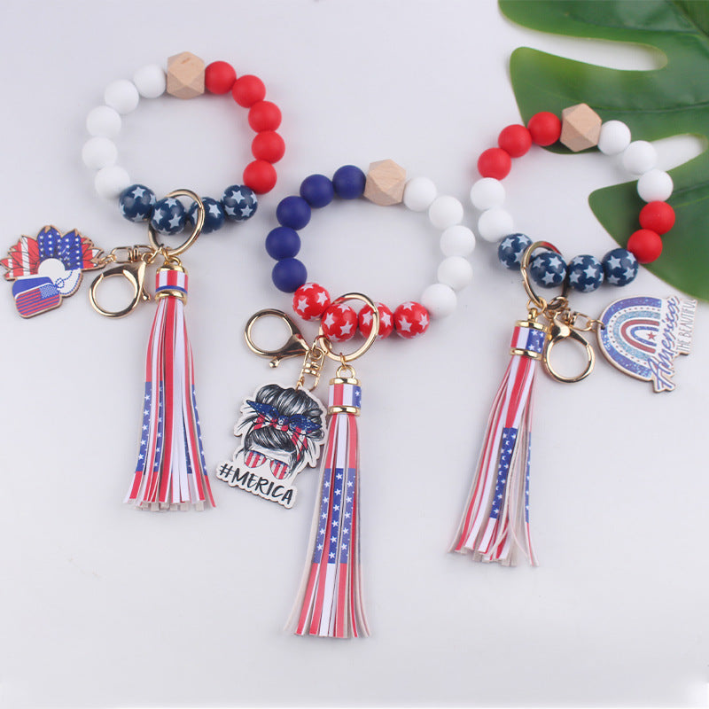 Wholesale Independence Day Silicone Beaded Tassel Wrist Keychain ACC-KC-GuangTian053