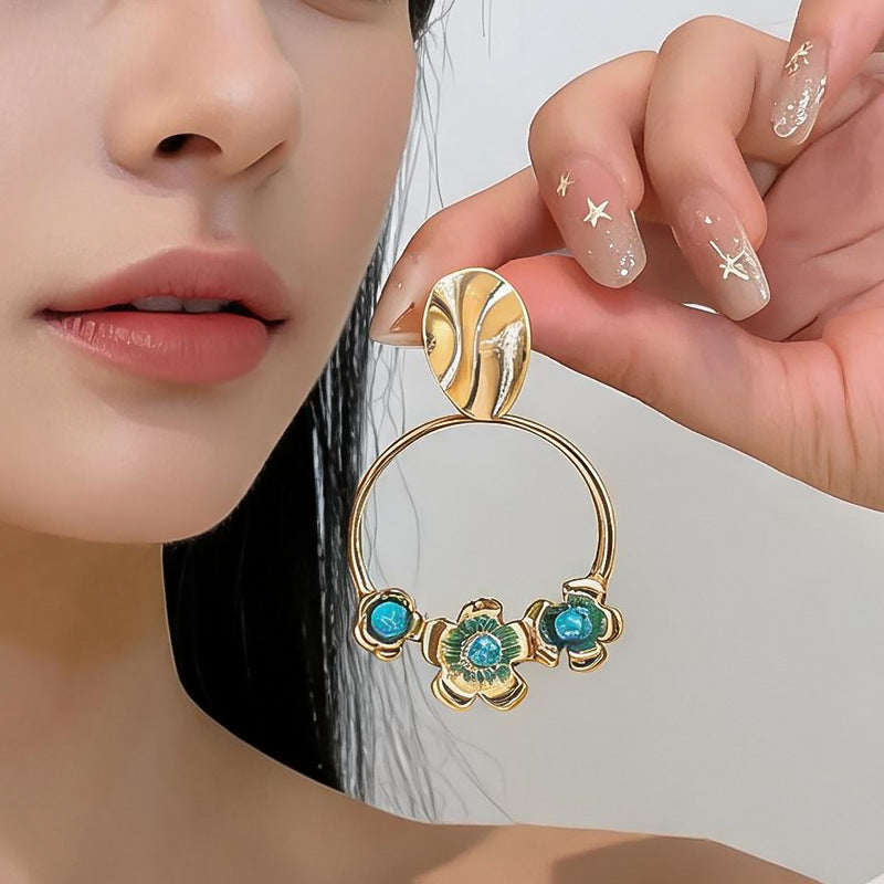 Wholesale Geometric Flower Earrings Silver Gold Blue Retro Style Fashion Jewelry Accessory
