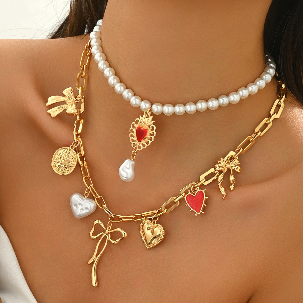 Wholesale creative vintage alloy heart and bow multi-pendant layered  necklace