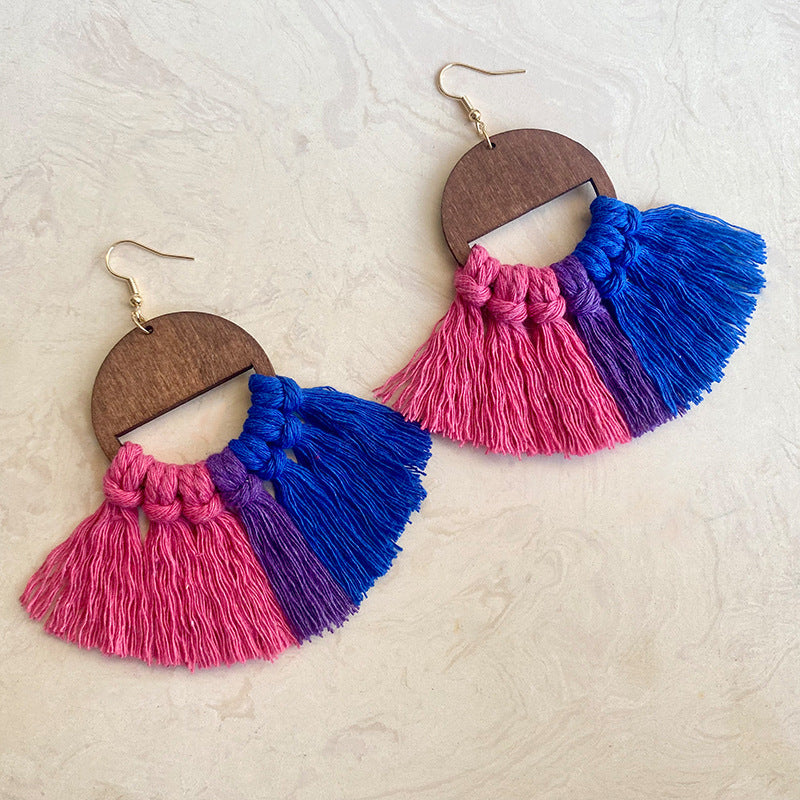 Wholesale 2 Pairs/pack LGBT Rainbow Chess Handwoven Bohemian Tassel Earrings ACC-ES-HY029