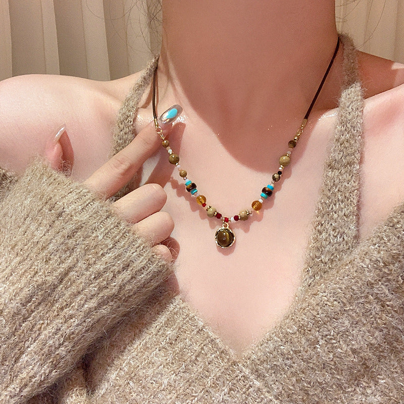 Wholesale Alloy Tiger Eye Stone Geometric Pendant Necklace,  Fashion Accessory for Women,  Gift Resale Jewelry