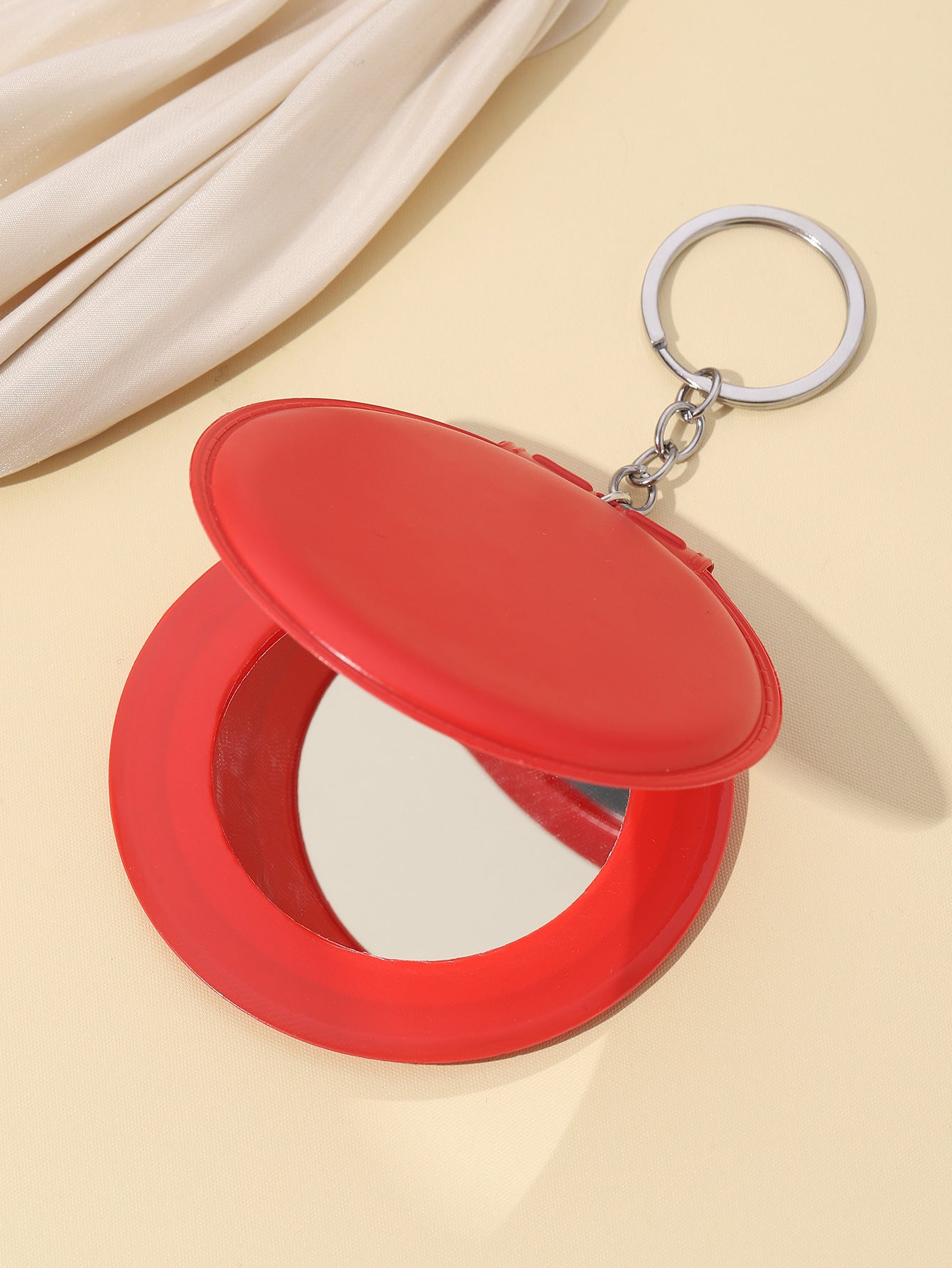 Wholesale Candy Color Cosmetic Mirror Leather Small Round Mirror Portable Folding Keychain Pom Pom ACC-KC-RongR037
