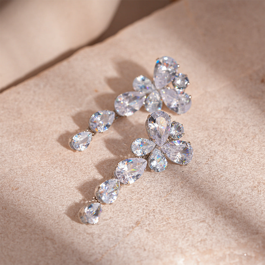 Wholesale Light Luxury Zircon Butterfly Flower Water Drop Silver Pin Earrings