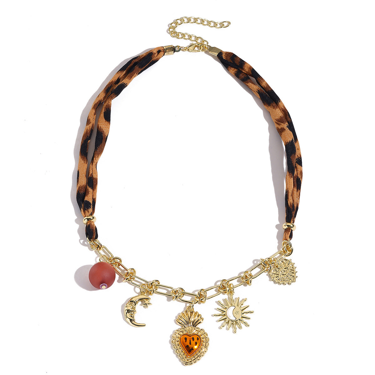 Wholesale  Model Light Luxury High-End Vintage Silk f Leopard Print Necklace with Unique Design Heart Pendant Leopard Print Necklace