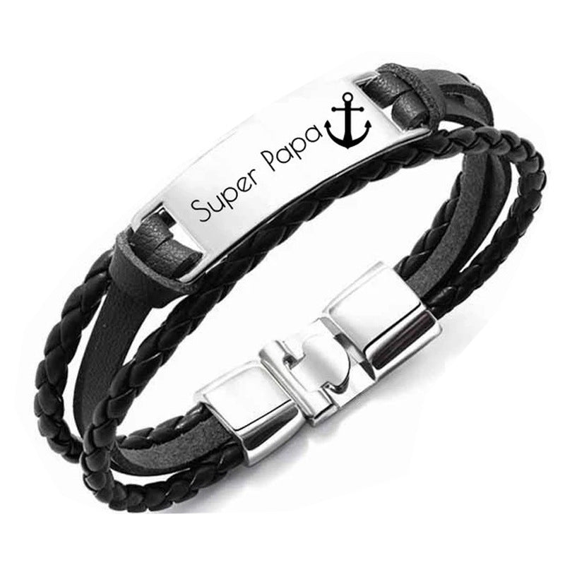 Wholesale Leather Steel Plate Bracelet,  Black Woven Steel Plate with Engraved Text,  Stainless Steel Tongue Clasp Leather Bracelet,  Three-Layer Leather Steel Plate Bracelet