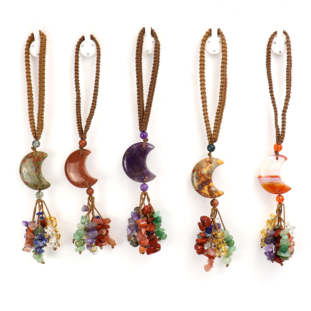 Wholesale  Natural Crystal Original Stone Moon Colorful Pendant Keychains