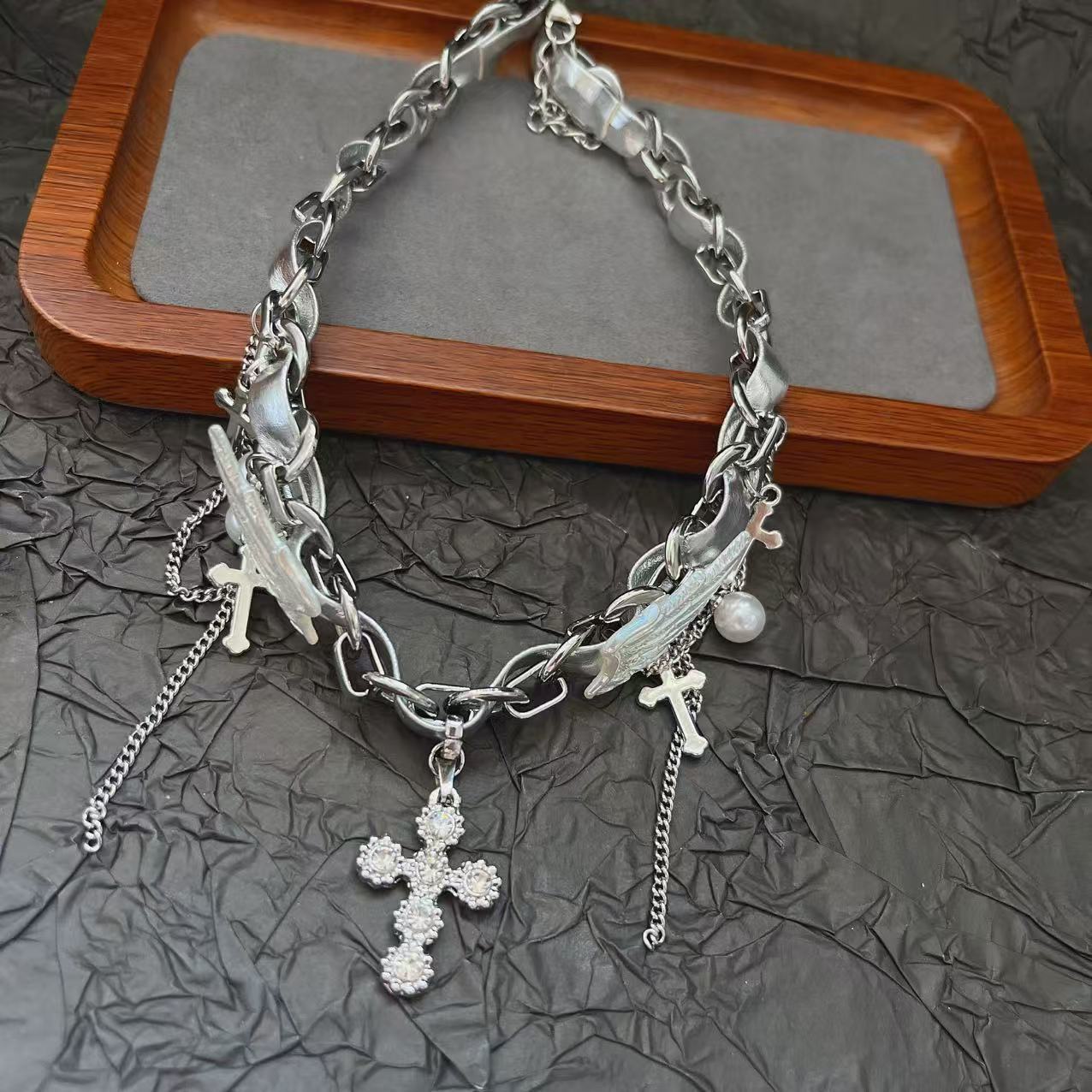 Wholesale Stitching Silver Wings Angel Wings Cross Necklace