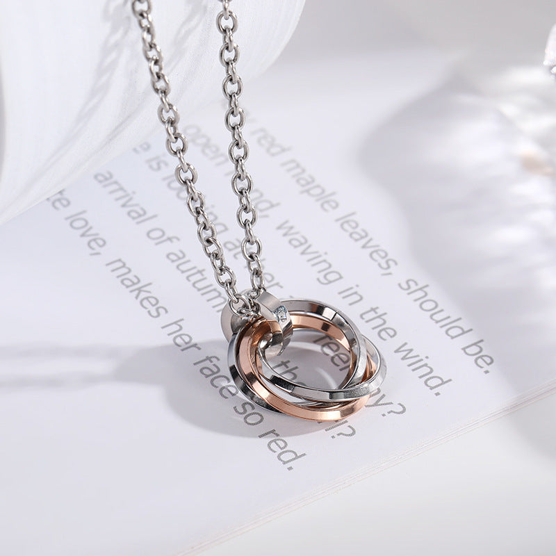 Wholesale three ring pendant stainless steel ring necklace