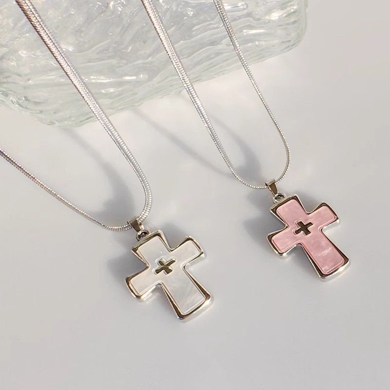 Wholesale Titanium Steel Pink Shell Cross Necklace