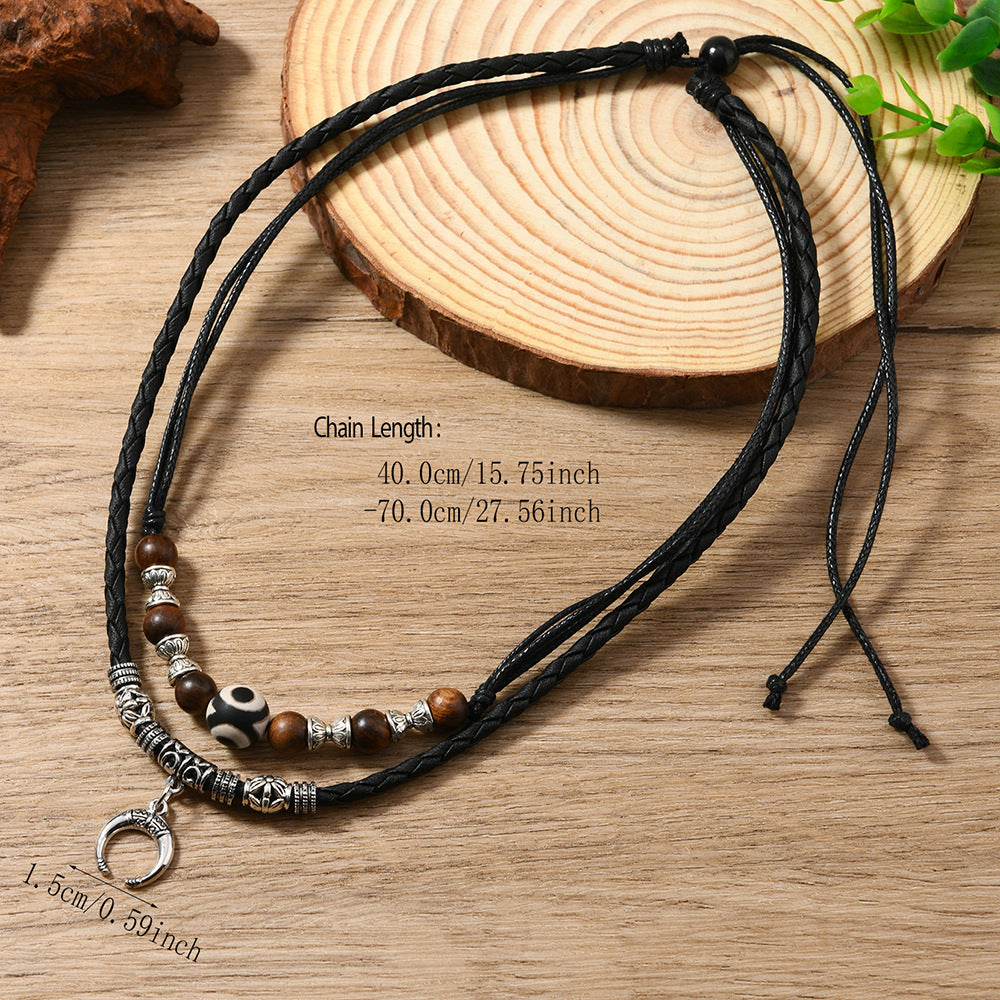 Wholesale Leather retro woven wooden bead necklace