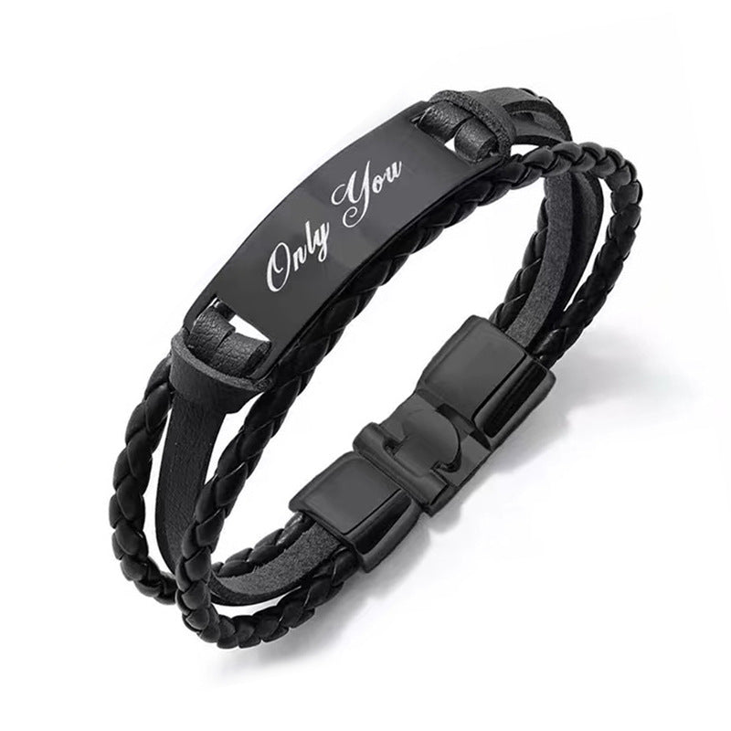 Wholesale Leather Steel Plate Bracelet,  Black Woven Steel Plate with Engraved Text,  Stainless Steel Tongue Clasp Leather Bracelet,  Three-Layer Leather Steel Plate Bracelet