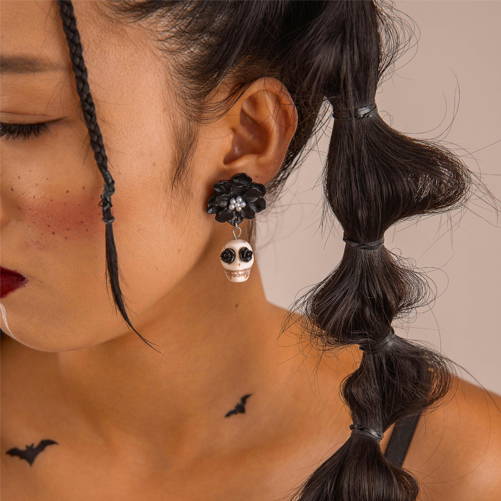 Wholesale Halloween Acrylic Skull Black Camellia Earrings