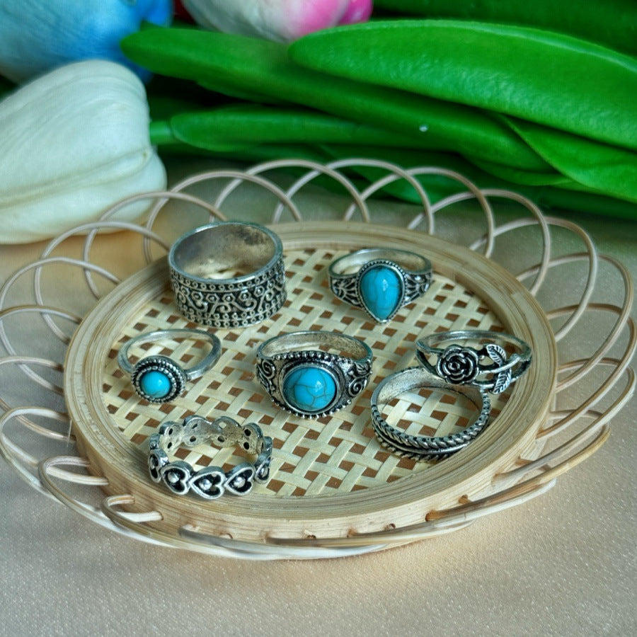 Wholesale Bohemian Turquoise Rose Totem 7-piece Ring