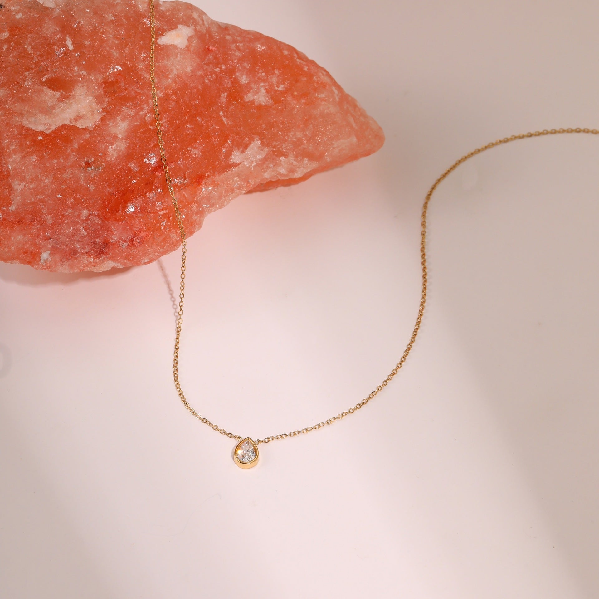 Wholesale Stainless Steel Double-Layer Clavicle Necklace with Inlaid Square and Teardrop Zirconia