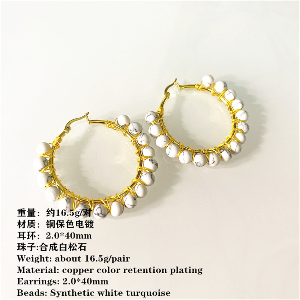 Wholesale Round Stone Volcanic Rock Synthetic White Turquoise Earrings