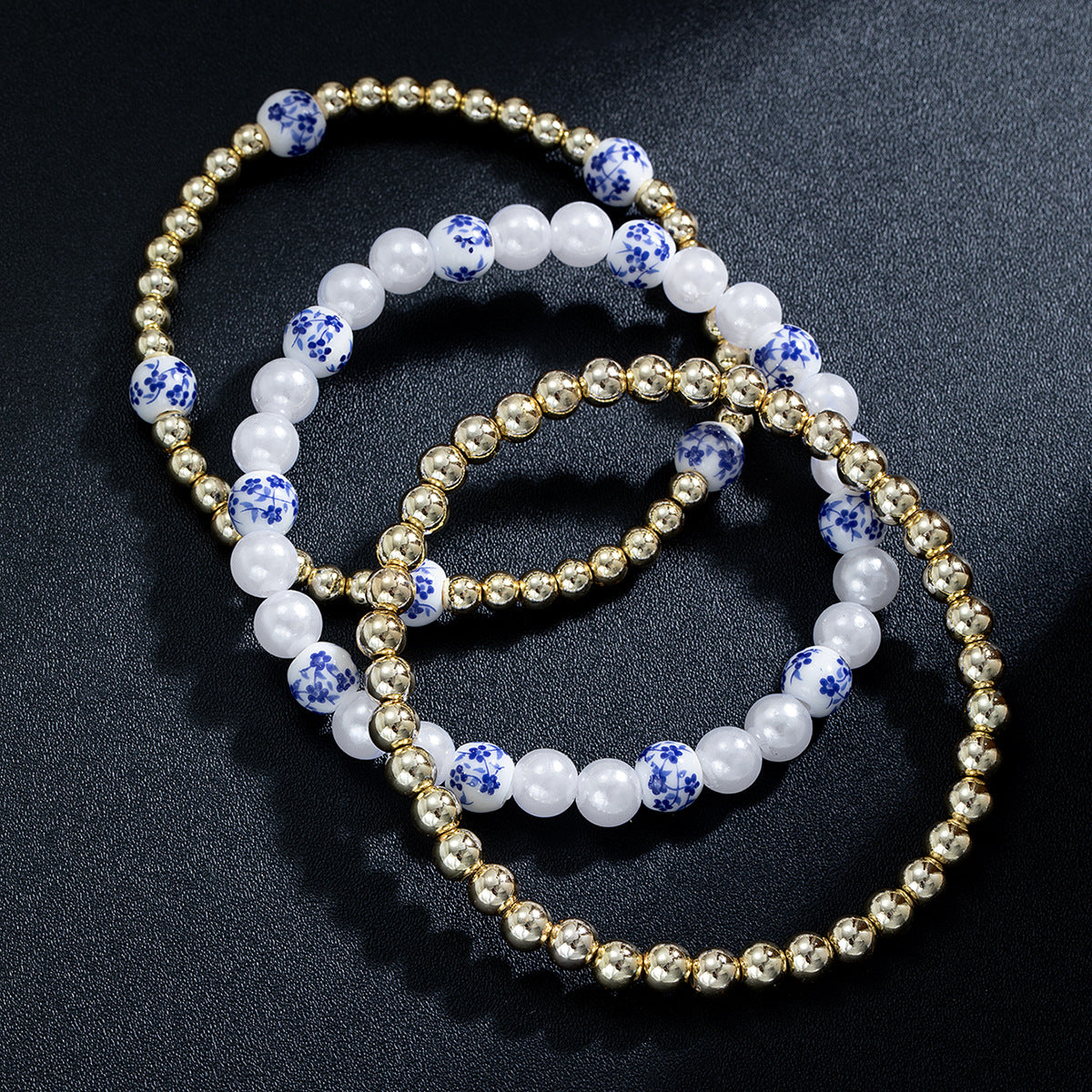 Wholesale Blue and white ceramic beads imitation pearl beaded elastic anklet for women