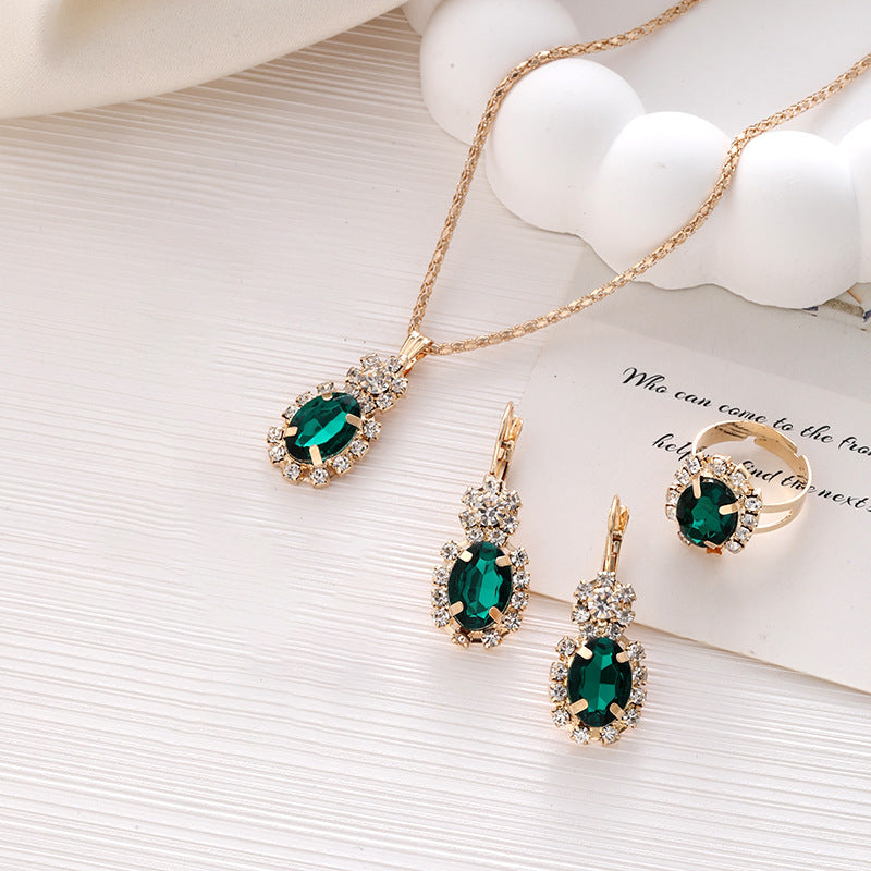 Wholesale Diamond Teardrop Oval Necklace Ring Bracelet Earrings Four-piece Sets ACC-NE-ChaoKai014