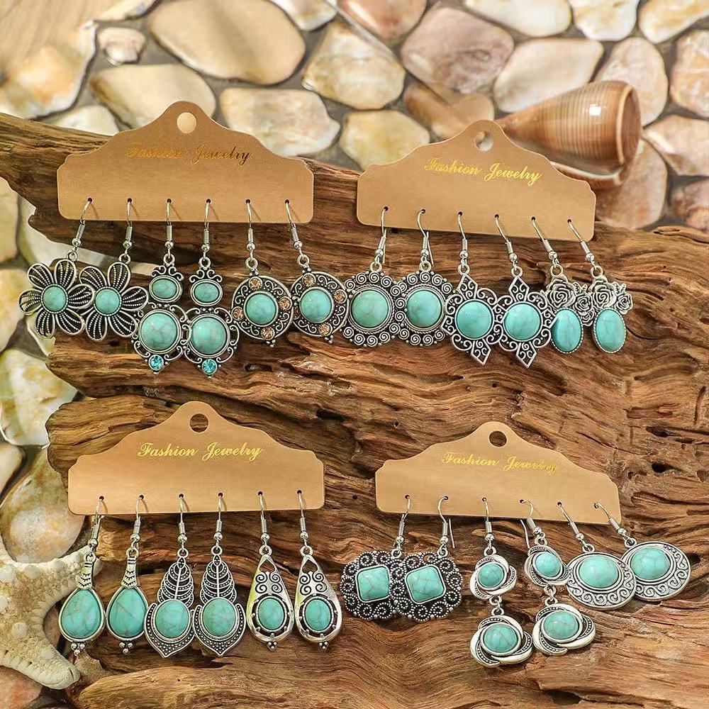 Wholesale Ethnic Style Turquoise Drop Earrings Zinc Alloy Electroplated Boutique Jewelry Accessory