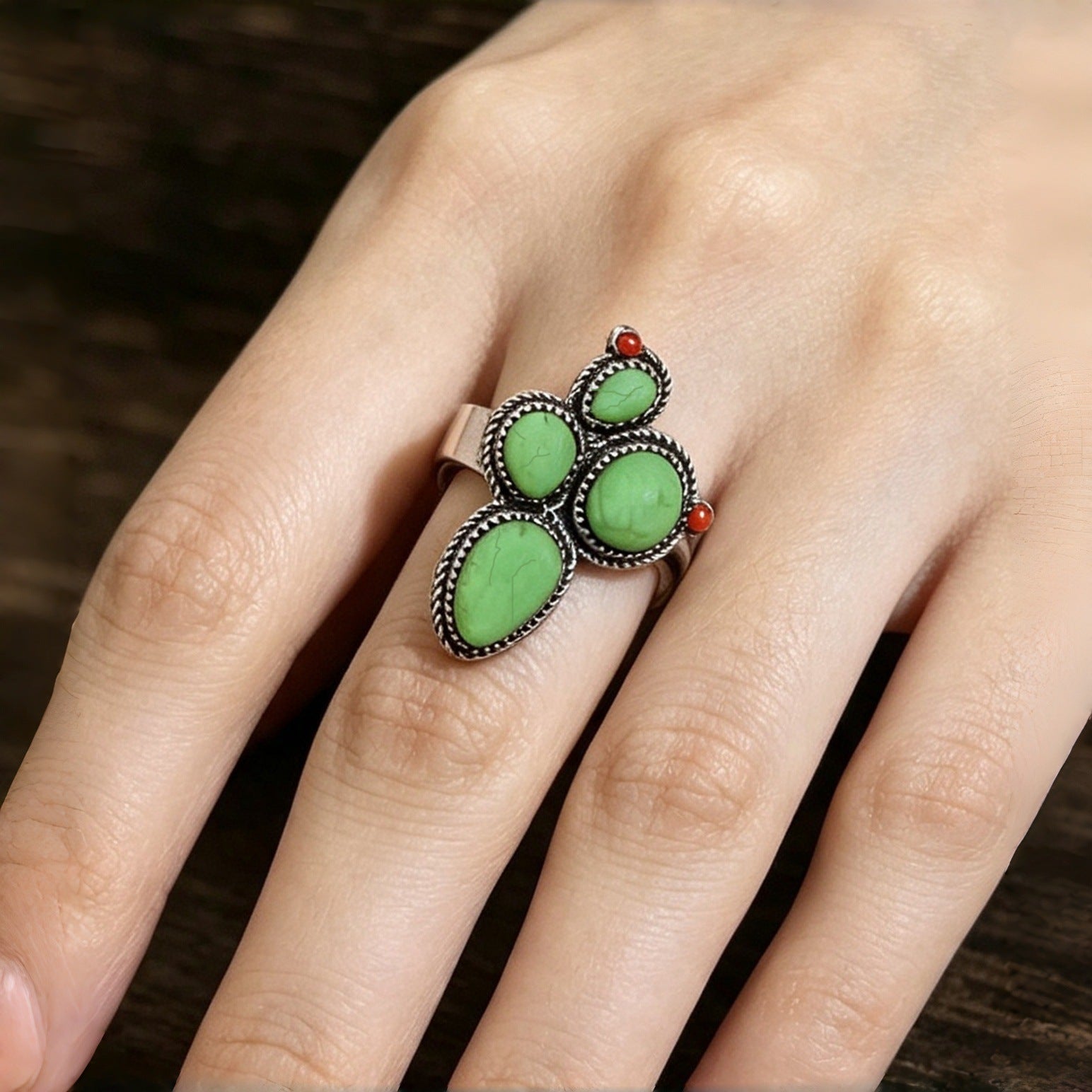 Wholesale Vintage Cactus Turquoise Bohemian Ring Silver Tone Alloy Open Band Women S Fashion Jewelry Accessory Gift